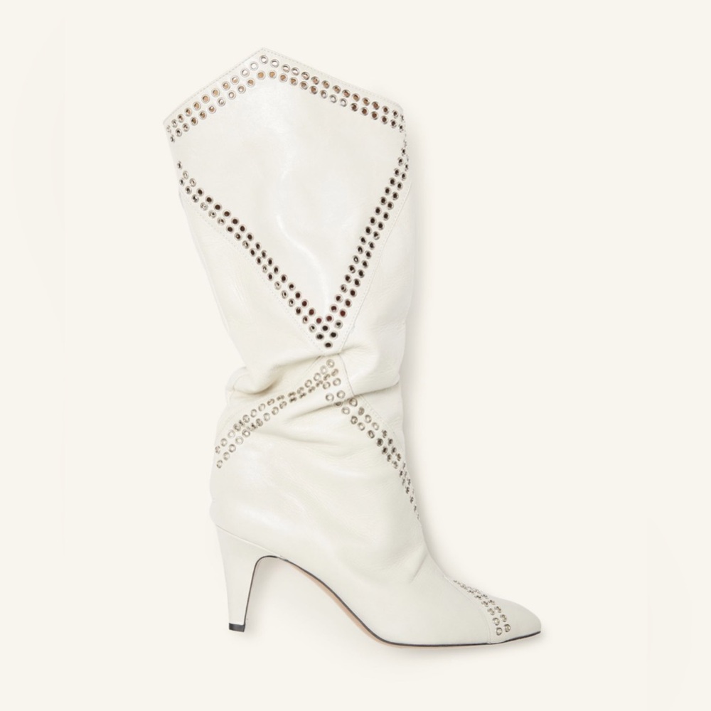 ISABEL MARANT ivory studded eyelet calf height leather boots